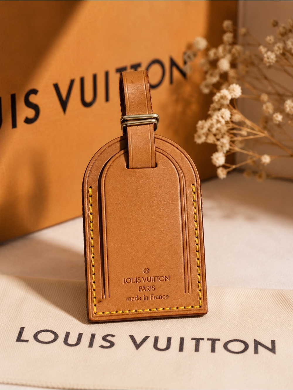 Louis Vuitton Cognac Leather Luggage Tag with Buckle Strap